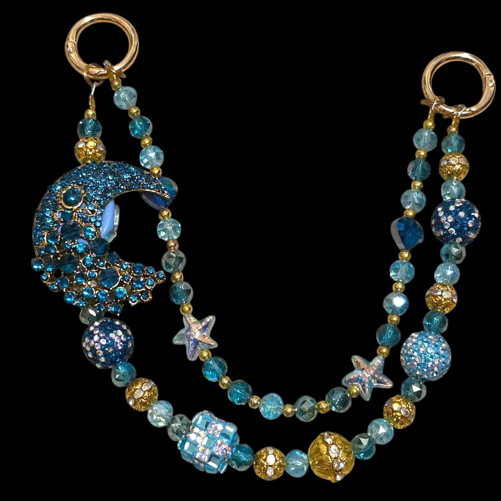 Blue and Gold Moon and Star Beaded Bag Charm